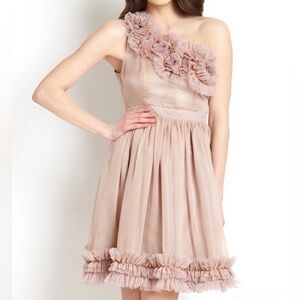 ANTHROPOLOGIE #88 Pleated Peach One-Shoulder Ruffled Mesh Party Dress M L